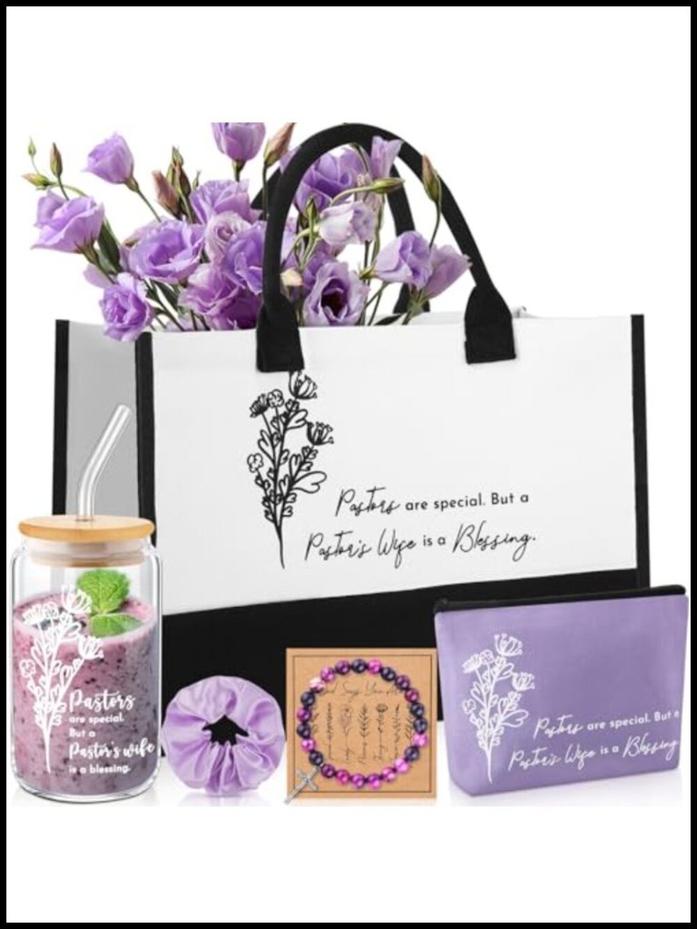 Pastor's Wife Appreciation Gift Set Canvas Tote Tumbler Makeup Bag Bracelet